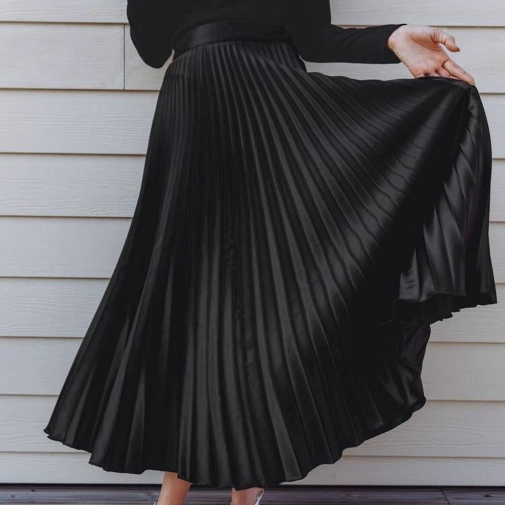 Black satin accordian pleated maxi skirt high-waist